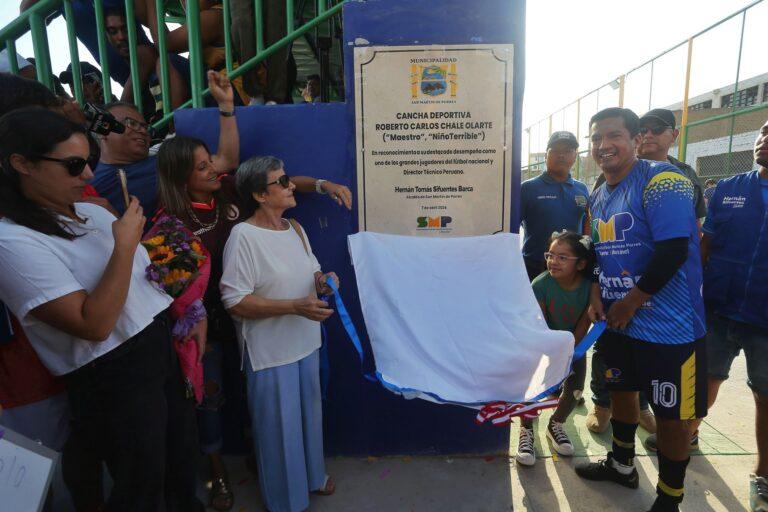 Alcalde Hernán Sifuentes inauguró nuevas instalaciones del complejo deportivo Tito Drago y el campo Roberto Chale con homenaje a exfutbolista